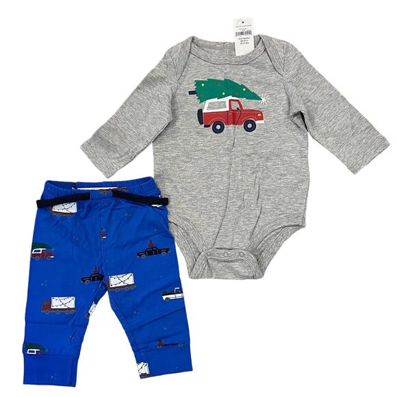 NWT GAP Baby Grey & Blue W/Christmas Tree Print Bodysuit & Pull-On Pants - 3-6M - Picture 1 of 8
